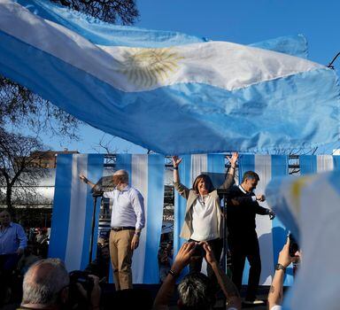 "Juntos por el Cambio" presidential candidate Patricia Bullrich cheers during a campaign rally in Buenos Aires, Argentina Oct. 16, 2023. General elections are set for Oct. 22. (AP Photo/Natacha Pisarenko)