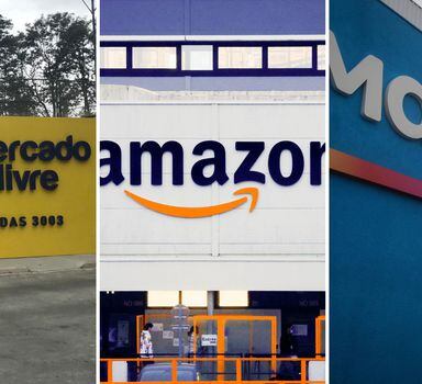 Montagem com três fotos, mostrando as fachadas de centros de distribuição do Mercado Livre, Amazon e Magalu, onde é possível ver a logomarca de cada empresa.