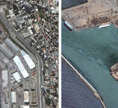 Imagem do porto de Beirute em 9 de junho, antes do desastre, em 5 de agosto, após as explosões