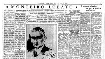 Notícia da morte de Monteiro Lobato na edição de 6/7/1948. Foto: Acervo/Estadão