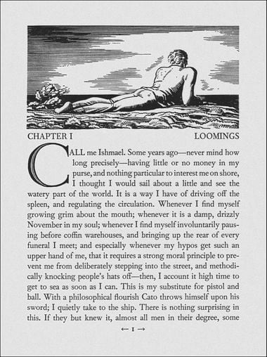 Parágrafo inicial do clássico "Moby Dick", de Hermann Melville, ilustrdo por Rockwell Kent em 1930 Rokwell Kent)