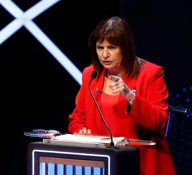 Argentina's presidential candidate for the Juntos por el Cambio party, Patricia Bullrich, speaks during the presidential debate at the Assembly Hall of the Universidad de Buenos Aires (UBA) Law School, in Buenos Aires on October 8, 2023, ahead of the October 22 presidential election. (Photo by AGUSTIN MARCARIAN / POOL / AFP)