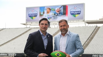 Gerrit Meier, vice-presidente sênior da NFL International, e Augusto Melo, presidente do Corinthians. Foto: Divulgação/NFL