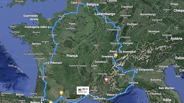 Nosso percurso do mês de junho: Normandia, Poitu-Charentes, Pirineus, Côte d'Azur, Itália e Suíça . Foto: Captura de tela do Googlemaps