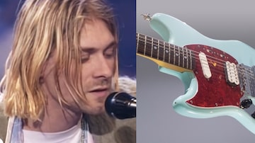 Kurt Cobain se apresenta no especial MTV Unplugged; imagem da guitarra do músico leiloada por US$ 1,587 milhão. Foto: Reprodução de Vídeo/YouTube/Nirvana;Julien's Auctions/Divulgação