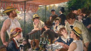 Jules Laforgue, ao fundo, falando com um homem de cartola, no 'Almoço dos Barqueiros' de Renoir. Foto: The Philips Collection