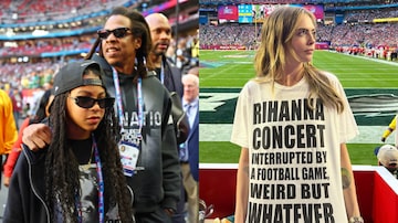 Jay-Z, Blue Ivy e Cara Delevingne estiveram no Super Bowl neste domingo, 12. Foto: Mark J. Rebilas/USA TODAY Sports e Instagram/@caradevelingne