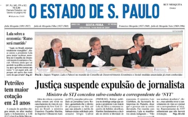 Primeira página do Estadão em maio de 2004 quando STJ barrou tentativa do governo Lula de expulsar jornalista do NYT