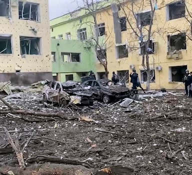 This image taken from video issued by Mariupol City Council shows the aftermath of Mariupol Hospital after an attack, in Mariupol, Ukraine, Wednesday March 9, 2022. A Russian attack severely damaged the children's hospital and maternity ward in the besieged port city of Mariupol, Ukrainian officials said. President Volodymyr Zelenskyy wrote on Twitter that there were “people, children under the wreckage” of the hospital and called the strike an “atrocity.”