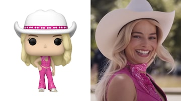Montagem com foto de Barbie cowgirl e Barbie interpretada por Margot Robbie com a mesma roupa. Foto: Funko/Divulgação e Reprodução de vídeo/YouTube/Warner Bros Pictures Brasil