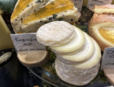Queijo azul mofado de Penicillium roqueforti, queijo de casca florida de Geotrichum candidum ao centro e queijo de casca lavada de Brevibacterium linens à esquerda