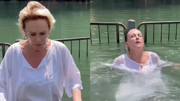 Ana Maria Braga se batiza no rio Jordão, em Israel. Foto: Reprodução de vídeo/Instagram/@anamariabragaoficial