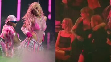 Kerol G cantou versão remix de 'Tá ok' no MTV VMA e fez Taylor Swift dançar. Foto: Charles Sykes/Invision/AP e Reprodução de vídeo/MTV