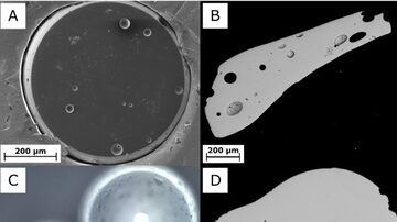 Imagem dos vidros encontrados em Hiroshima analisados em microscópio. (Crédito:  Reprodução/Asset et al., EPSL, 2024. Foto: Reprodução/Asset et al., EPSL, 2024