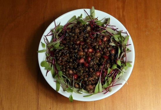 Refrescante, a salada leva lentilhas, arroz selvagem, arroz vermelho e romã. Foto: &nbsp;