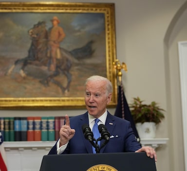 President Joe Biden delivers remarks supporting Ukrainians in the Roosevelt Room of the White House in Washington, on Thursday, April 28, 2022. (Doug Mills/The New York Times)