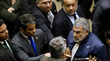 O deputadoAlberto Fraga, do DEM,empurra o deputado Laerte Bessa (de barba), do MDB, dentro do plenário da Câmara. Foto: Dida Sampaio/Estadão