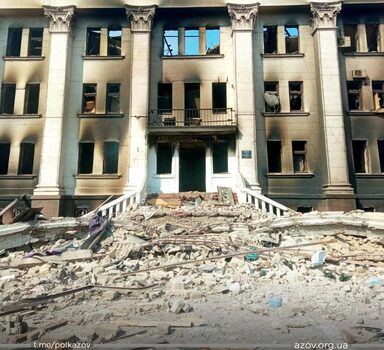 General view of the remains of the drama theatre which was hit by a bomb when hundreds of people were sheltering inside, amid ongoing Russia's invasion, in Mariupol, Ukraine, in this handout picture released March 18, 2022. Azov Handout/ via REUTERS    THIS IMAGE HAS BEEN SUPPLIED BY A THIRD PARTY