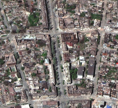 A satellite image shows multiple blocks in the city with destroyed buildings, in Mariupol, Ukraine April 29, 2022. Picture taken April 29, 2022. Satellite image 2022 Maxar Technologies/Handout via REUTERS     NO RESALES. NO ARCHIVES. THIS IMAGE HAS BEEN SUPPLIED BY A THIRD PARTY. MANDATORY CREDIT. DO NOT OBSCURE LOGO.