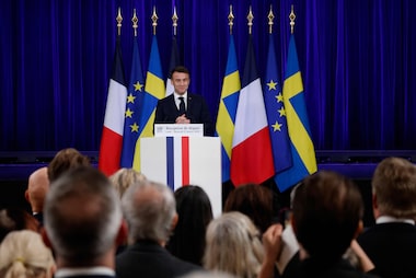 O presidente da França, Emmanuel Macron, discursa na Universidade de Lund, em Malmo, Suécia 
