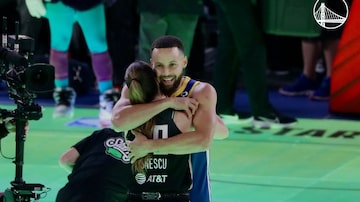 Stephen Curry e Sabrina Ionescu fizeram desafio inédito. Foto: Reprodução/X @NBA