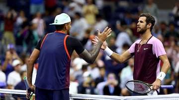 NEW YORK, NEW YORK - SEPTEMBER 06: Karen Khachanov (R) shakes hands with Nick Kyrgios (L)of Australia after their Men’s Singles Quarterfinal match on Day Nine of the 2022 US Open at USTA Billie Jean King National Tennis Center on September 06, 2022 in the Flushing neighborhood of the Queens borough of New York City.   Elsa/Getty Images/AFP