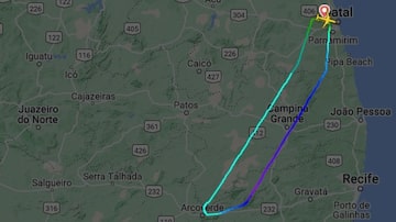 Trecho percorrido pelo avião da Azul que saiu de Natal rumo a Minas Gerais, mas voltou após 25 minutos. Foto: flightradar24/Reprodução