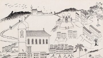 Gravurade Guignard, datada de 1961, mostra como a religião é fundamental na cartografia de cidades mineiras, com igrejas centralizadas, como visto no romance 'Sismógrafo'. Foto: Museu de Arte Moderna de São Paulo 