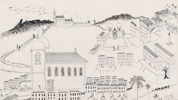 Gravurade Guignard, datada de 1961, mostra como a religião é fundamental na cartografia de cidades mineiras, com igrejas centralizadas, como visto no romance 'Sismógrafo'. Foto: Museu de Arte Moderna de São Paulo 
