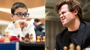 Faustino Oro (à esquerda) e Magnus Carlsen (à direita), jogadores de xadrez. Foto: Cress Com via X