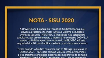 Universidade Estadual do Tocantins (Unitins) divulgou comunicado afirmando que não selecionará candidatos pelo Sisu por problemas no sistema do Inep. Foto: Reprodução/Facebook