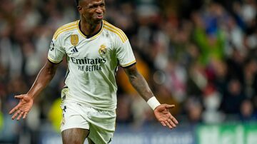 Real Madrid's Vinicius Junior celebrates after scoring his side's second goal during the Champions League Group C soccer match between Real Madrid and Braga at the Santiago Bernabeu stadium in Madrid, Spain, Wednesday, Nov. 8, 2023. (AP Photo/Jose Breton). Foto: Jose Breton/ AP
