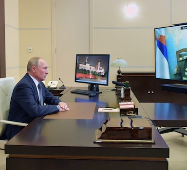 Russian President Vladimir Putin attends a meeting with Chief of the Russian Armed Forces' General Staff Valery Gerasimov, via a video conference call at the Novo-Ogaryovo state residence, outside Moscow, Russia October 7, 2020. Sputnik/Alexei Druzhinin/Kremlin via REUTERS ATTENTION EDITORS - THIS IMAGE WAS PROVIDED BY A THIRD PARTY.