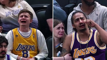 Duas fotos lado a lado de torcedores dos Lakers com um filtro que os faz parecer chorar. Foto: Reprodução/X @Pacers