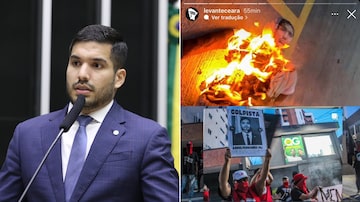 Gabinete do deputado André Fernandes (PL-CE) foi alvo de manifestação. Foto: Zeca Ribeiro/Câmara dos Deputados (esquerda) e Instagram @levanteceara (direita)