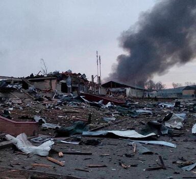 Smoke rises amid damaged buildings following an attack on the Yavoriv military base, as Russia's invasion of Ukraine continues, in Yavoriv, Lviv Oblast, Ukraine, March 13, 2022 in this picture obtained from social media. @BackAndAlive/via REUTERS  THIS IMAGE HAS BEEN SUPPLIED BY A THIRD PARTY. MANDATORY CREDIT. NO RESALES. NO ARCHIVES.