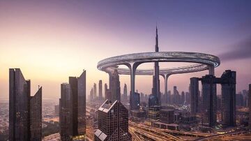 Projeto em Dubai propõe bairro suspenso 500 metros acima do chão ao redor do Burj Khalifa, o maior arranha-céu do mundo. Foto: Reprodução Instagram/Pictown (@pictowun.co)