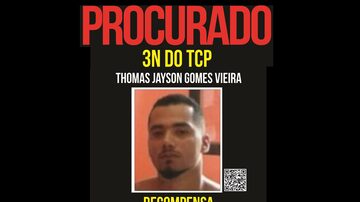 No Portal dos Procurados, informações sobre o traficante Thomas Jayson Gomes Vieira, conhecido como 3N, valiam R$ 1 mil. Foto: Portal dos Procurados/Polícia Civil