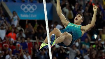 FILE - Brazil's Thiago Da Silva celebrates after clearing the bar to set new Olympic record during the athletics competitions of the 2016 Summer Olympics at the Olympic stadium in Rio de Janeiro, Brazil, on Aug. 16, 2016. Former Olympic pole vault champion Thiago Braz is suspended after testing positive for doping. The Athletics Integrity Unit said Braz was notified of an allegation he tested positive for ostarine. No more details were published. (AP Photo/Matt Dunham)