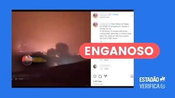 Imagem mostra post analisado com etiqueta de enganoso em vermelho. Ao fundo, publicação mostra local pegando fogo e diz que trata-se de base aérea israelense atacada pelo Irã. Foto: Foto