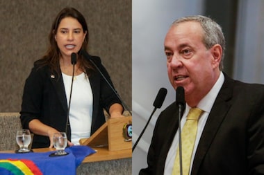 A governadora Raquel Lyra (PSDB) e o deputado estadual Álvaro Porto (PSDB) na retomada dos trabalhos na Assembleia Legislativa de Pernambuco.