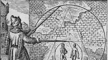 
A quadratura do círculo (Michael Maier, Atlanta Fugens, 1618, emblema XXI, quadratura do círculo filosofal).
