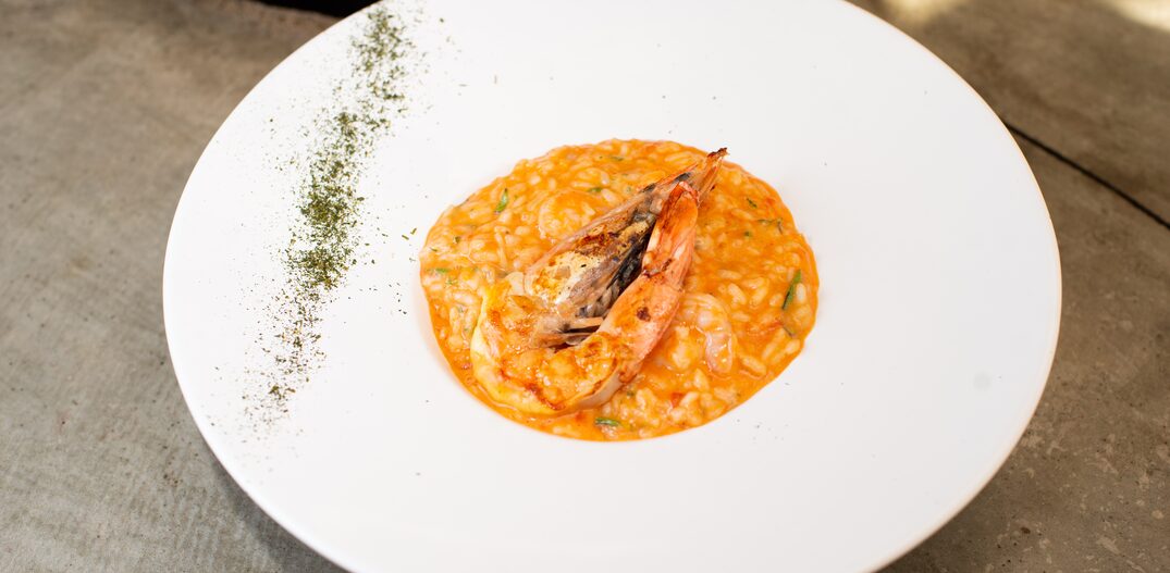 Em um prato branco e decorado com temperos verdes, uma porção de risoto com caldo alaranjado de camarão é apresentada com um camarão grande sem casca, com cabeça e cauda por cima da porção. Foto: Elias Gomes