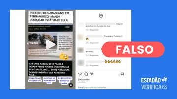 Postagens exibem uma notícia manipulada, a qual inventa que o prefeito de Garanhuns mandou derrubar uma estátua de Lula. Foto: Arte/Estadão