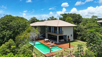 Casa da empresa, onde se vê amplo terreno, cercado de árvores, e piscina. Foto: MyDoor/Divulgação