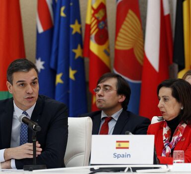(FILES) In this file photo taken on December 16, 2019 Spanish Prime Minister Pedro Sanchez (2L) and Minister of Defence Margarita Robles (R) attend the 14th ASEM Foreign Ministers’ Meeting at the Royal Palace of El Pardo near Madrid. - Spain said on May 2, 2022 that the mobile phones of Prime Minister Pedro Sanchez and Defence Minister Margarita Robles were tapped using Pegasus spyware in an "illicit and external" intervention. (Photo by Javier Lizon / POOL / AFP)