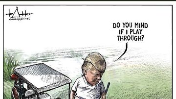 O cartunista canadense Michael de Adder foi demitido depois de fazer um desenho do presidente Trump jogando golfe ao lado dos corpos dedois imigrantes mortos no Rio Grande. Foto: TWITTER/@deAdder