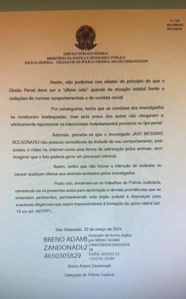 Trecho do relatório final da investigação, concluída sem o indiciamento do ex-presidente Jair Bolsonaro.