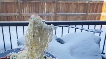 Arleney Rodriguez de Sanchez publicou um vídeo na última quarta-feira, 15, com um prato de macarrão instantâneo que congelou e deixou até o garfo grudado ao macarrão congelado. Foto: Arleney Rodriguez de Sanchez/ Facebook