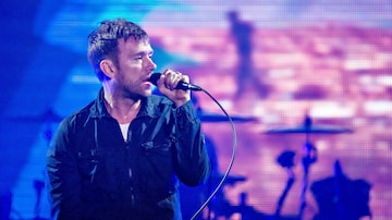 British band Gorillaz with musician Damon Albarn performs on the Orange Stage during the Roskilde Festival in Roskilde, Denmark, July 7, 2018. Picture taken July 7, 2018. Ritzau Scanpix/Torben Christensen/via REUTERS    ATTENTION EDITORS - THIS IMAGE WAS PROVIDED BY A THIRD PARTY. DENMARK OUT.